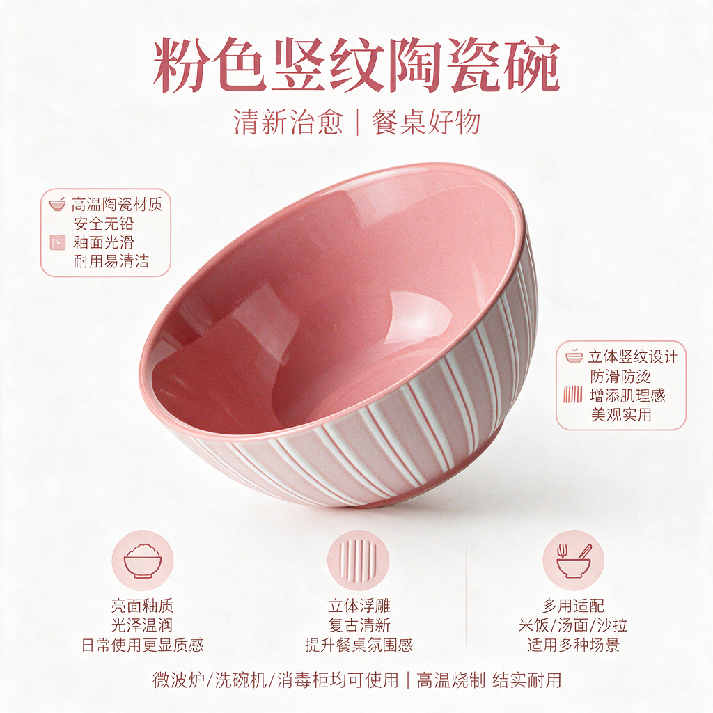 粉色竖纹陶瓷碗清新治愈|餐桌好物